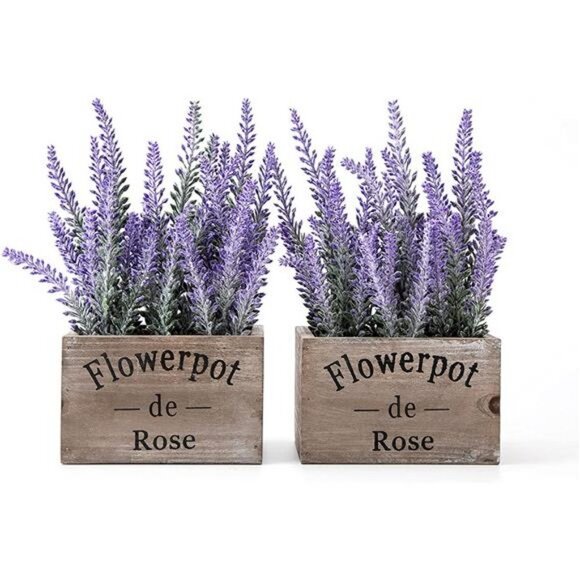 2Pcs Purple Faux Lavender Flowers with Small Wooden Box Plant Pot 5" - Picture 2 of 6